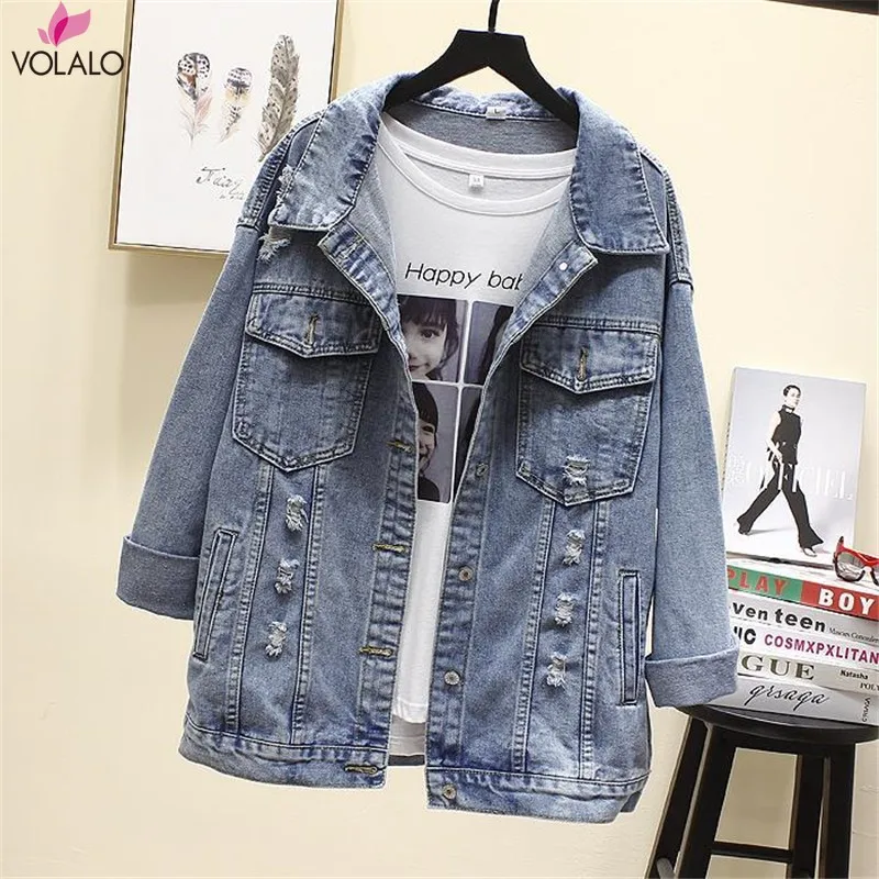 SUSOLA Lady BF Autumn Harajuku Printed Frayed Beading Denim Jacket Loose Casual Jeans Jacket Women Coats Outwear Female Jackets