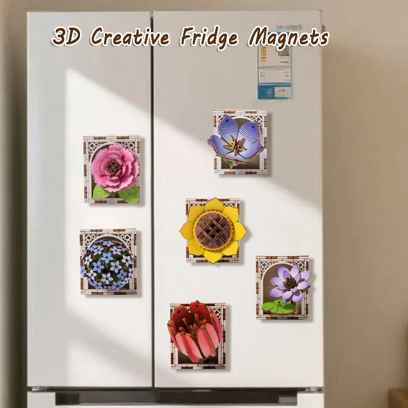 ثلاثية الأبعاد الزهور الألغاز الخشبية لعبة الإبداعية DIY بها بنفسك الزهور بناء المغناطيسي مغناطيس الثلاجة الكبار الحرف المواد مهرجان ديكور لعبة هدية #4