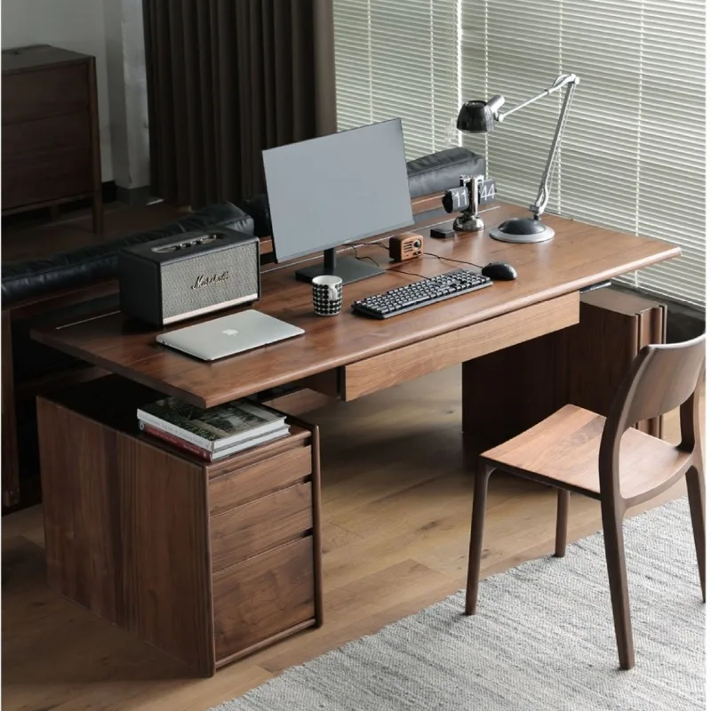 All solid wood intelligent electric lifting table, study storage home office learning black walnut lifting computer desk
