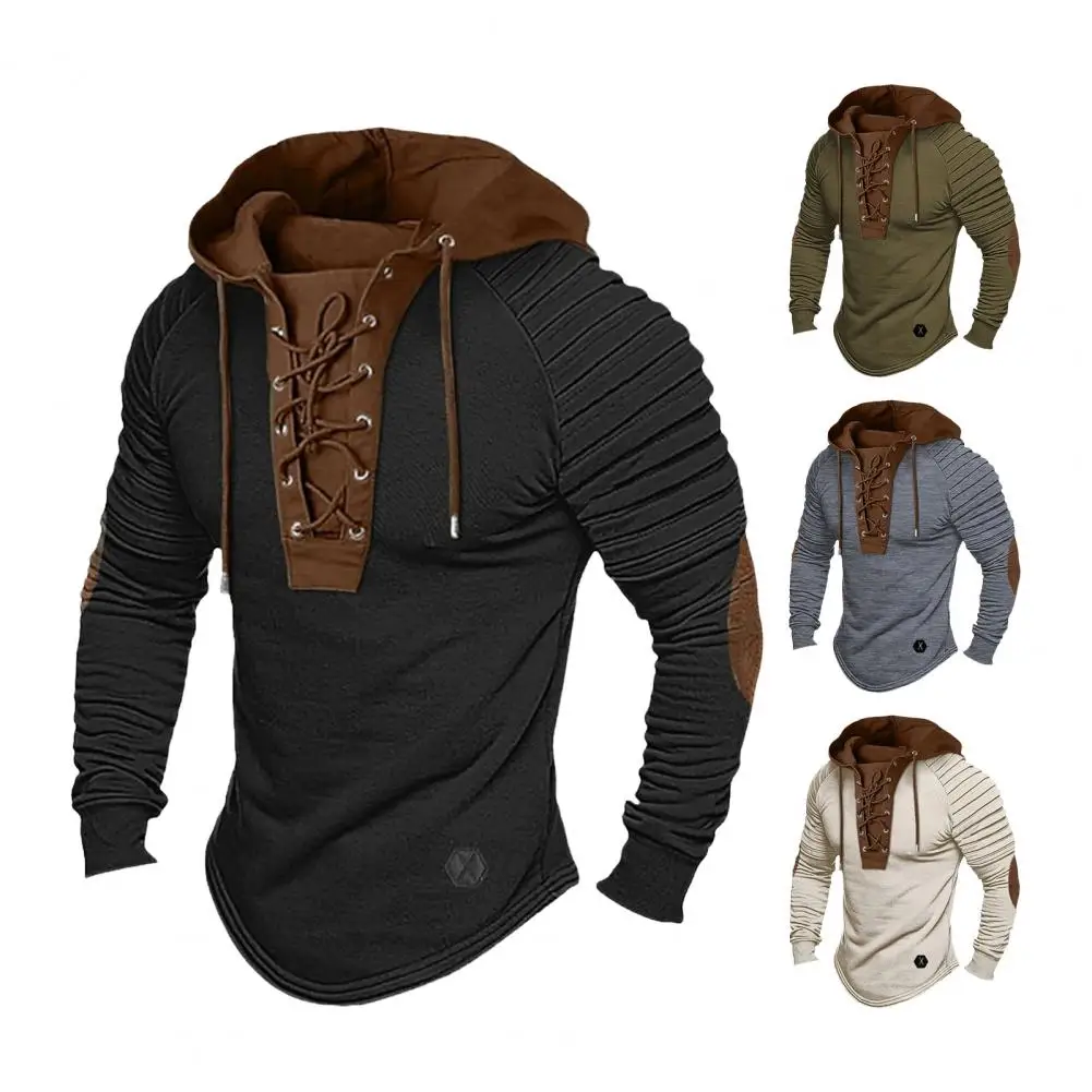 

Hooded Sweatshirt Vintage Lace-up Drawstring Men's Hoodie with Pleated Shoulders Soft Stretchy Breathable Daily Top Long Sleeve