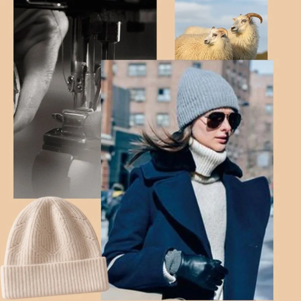 Women Thickened Cashmere Beanie 100% Classic Cable Knit Warm Soft Fall Winter Daily Casual Headwear Outdoor Windproof