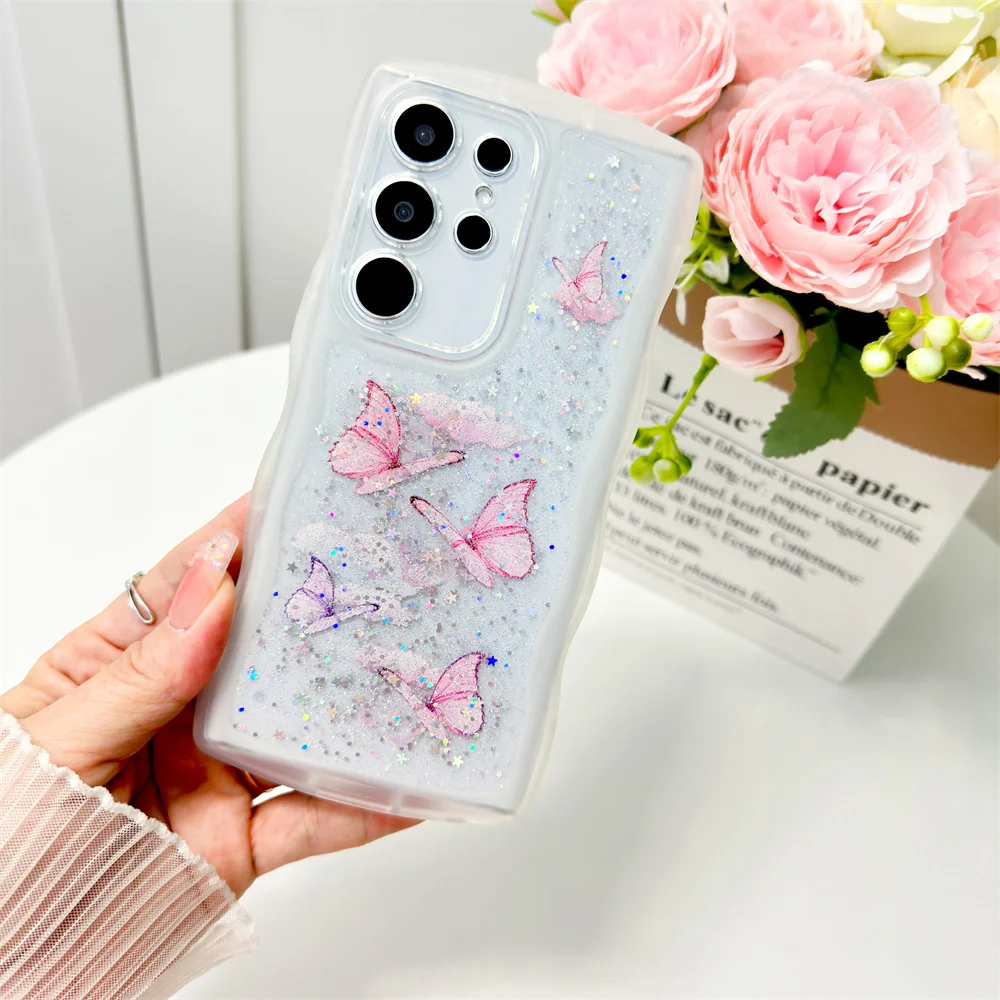 Butterfly Bling Glitter Wave Frame For Samsung S24 S23 S22 Plus Ultra FE A13 A14 A15 A53 A54 A55 A35 Sequins Clear Bumper Cover