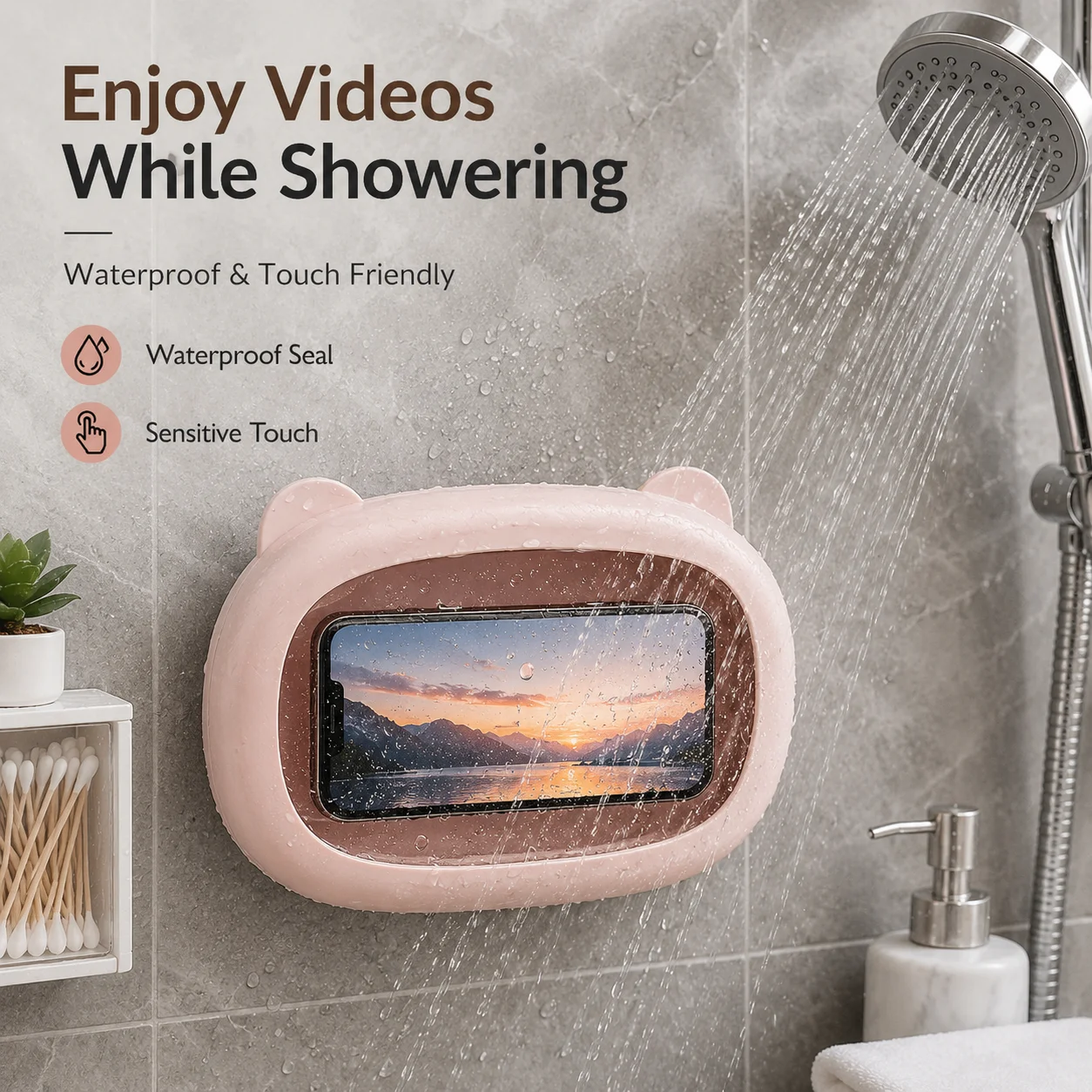 Waterproof Bathroom Phone Holder Wall Mounted Touch Screen Shower Phone Case Adhesive Storage Box for Horizontal Vertical Viewin