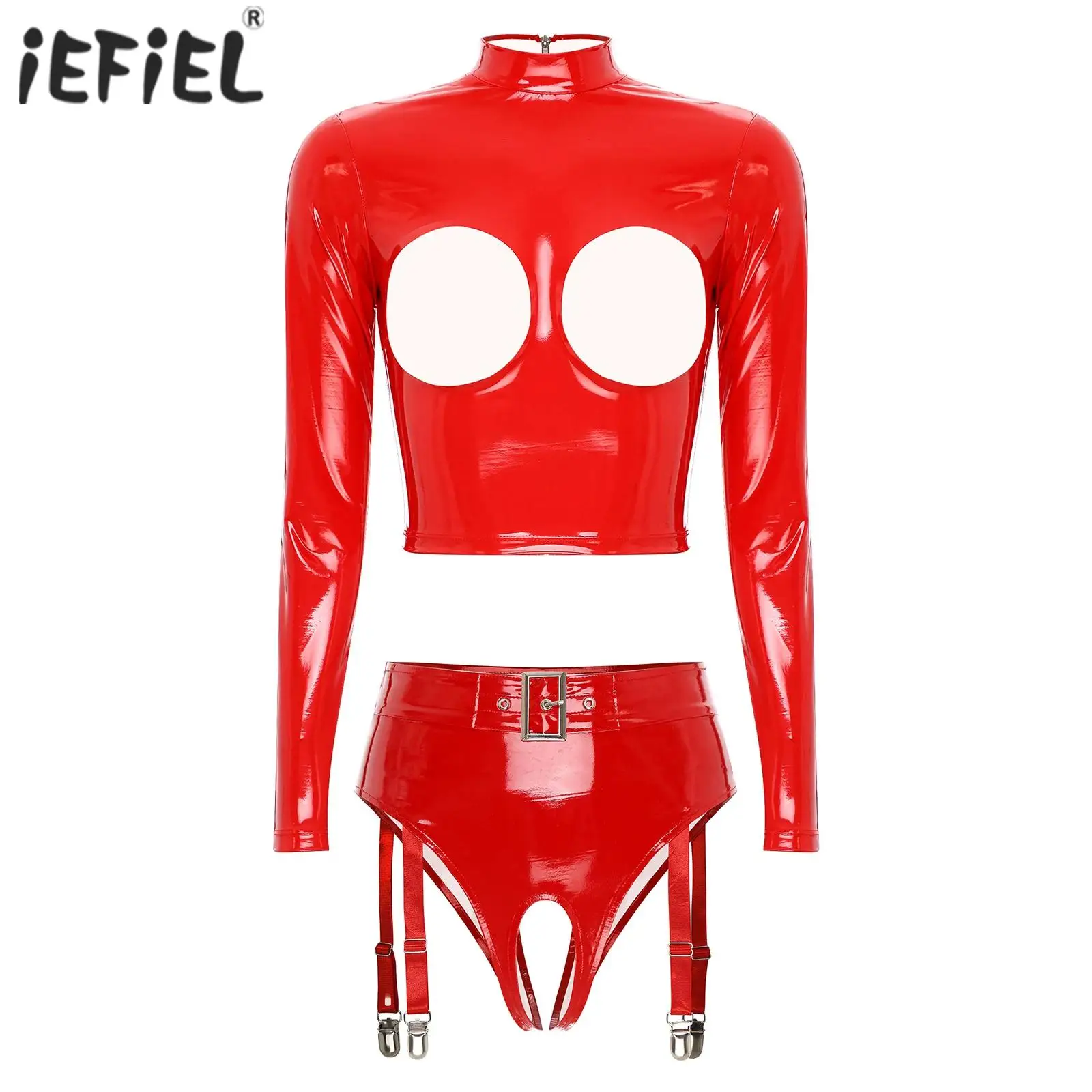

Сексуальный женский комплект нижнего белья из лакированной кожи для взрослых с мокрым эффектом, укороченный топ с открытой промежностью, нижнее белье-стринги