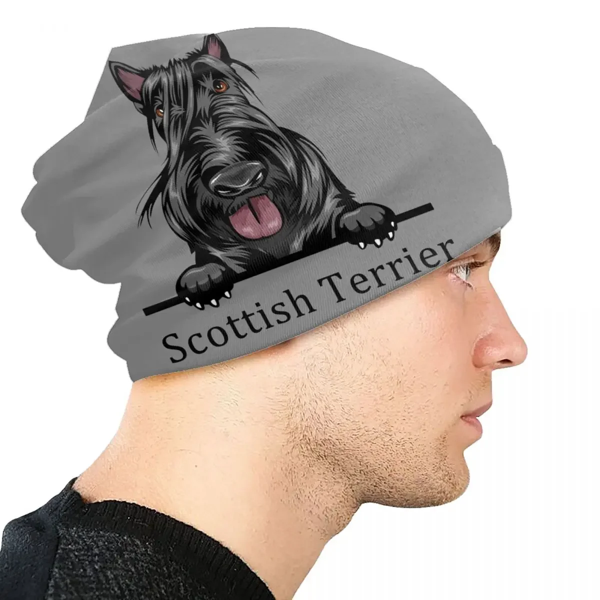 Peeking cão scottish terrier crânios gorros bonés legal inverno quente das mulheres dos homens chapéu de malha adulto unisex animal de estimação bonnet chapéus