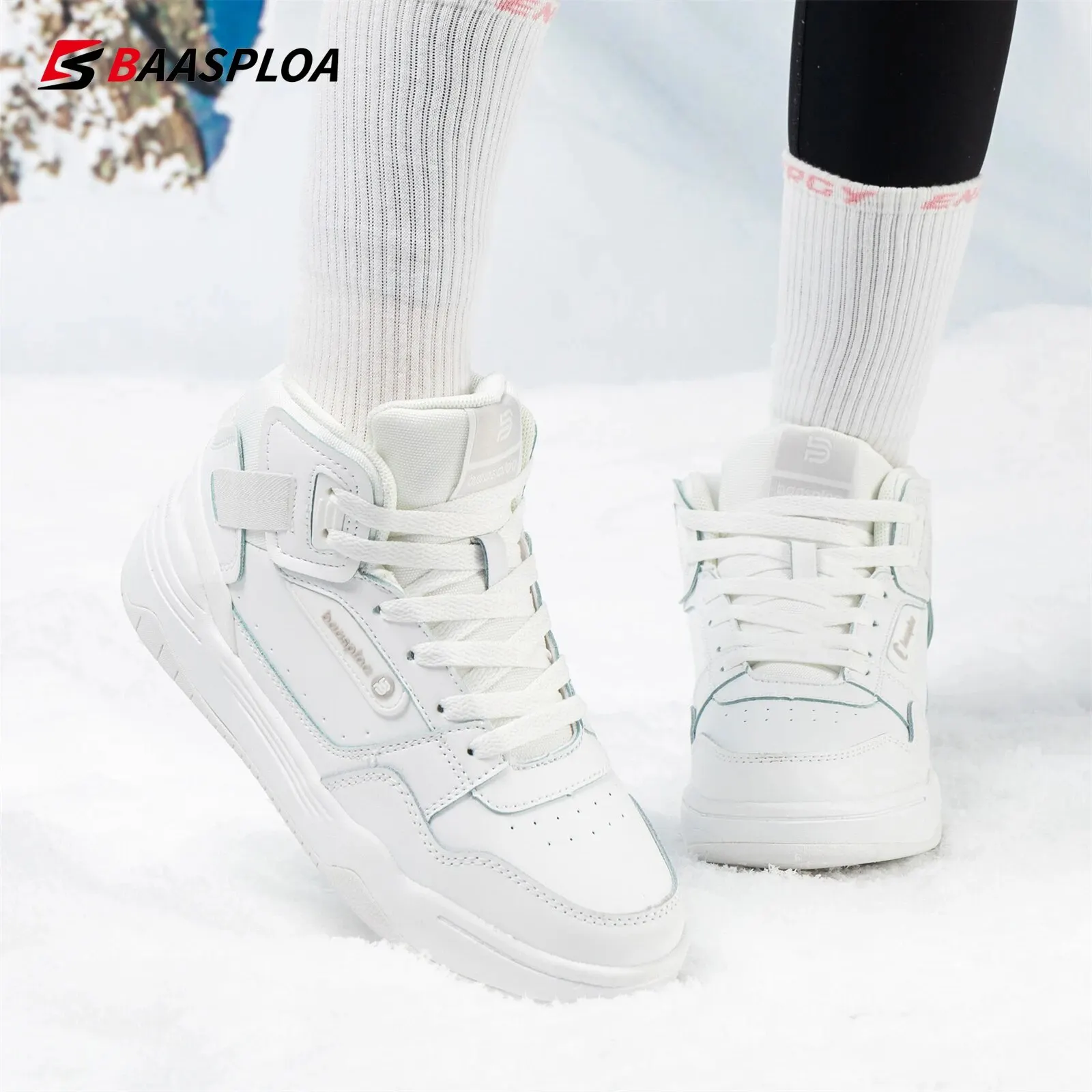 Baasploa Women Winter Sneakers New Fashion Leather Waterproof Casual Shoes For Women Plush Warm Walking Shoes Non-slip Outdoor