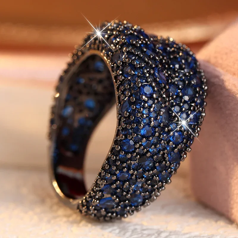 Luxurious Wide Face Ring For Women Gorgeous Full Inlaid Blue Synthetic Zircon Ring Party Temperament Jewelry Accessory