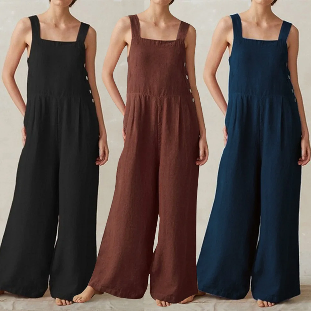 Women Cotton Linen Wide Leg Overalls Summer Fashion Off The Shoulder Sleeveless Solid Color Pocket Jumpsuits JYFS-8929