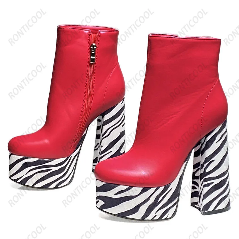 

Ronticool, популярные женские зимние ботильоны ручной работы на платформе, великолепная обувь на массивном каблуке с круглым носком, женская обувь размера «зебра», размер США 5-15