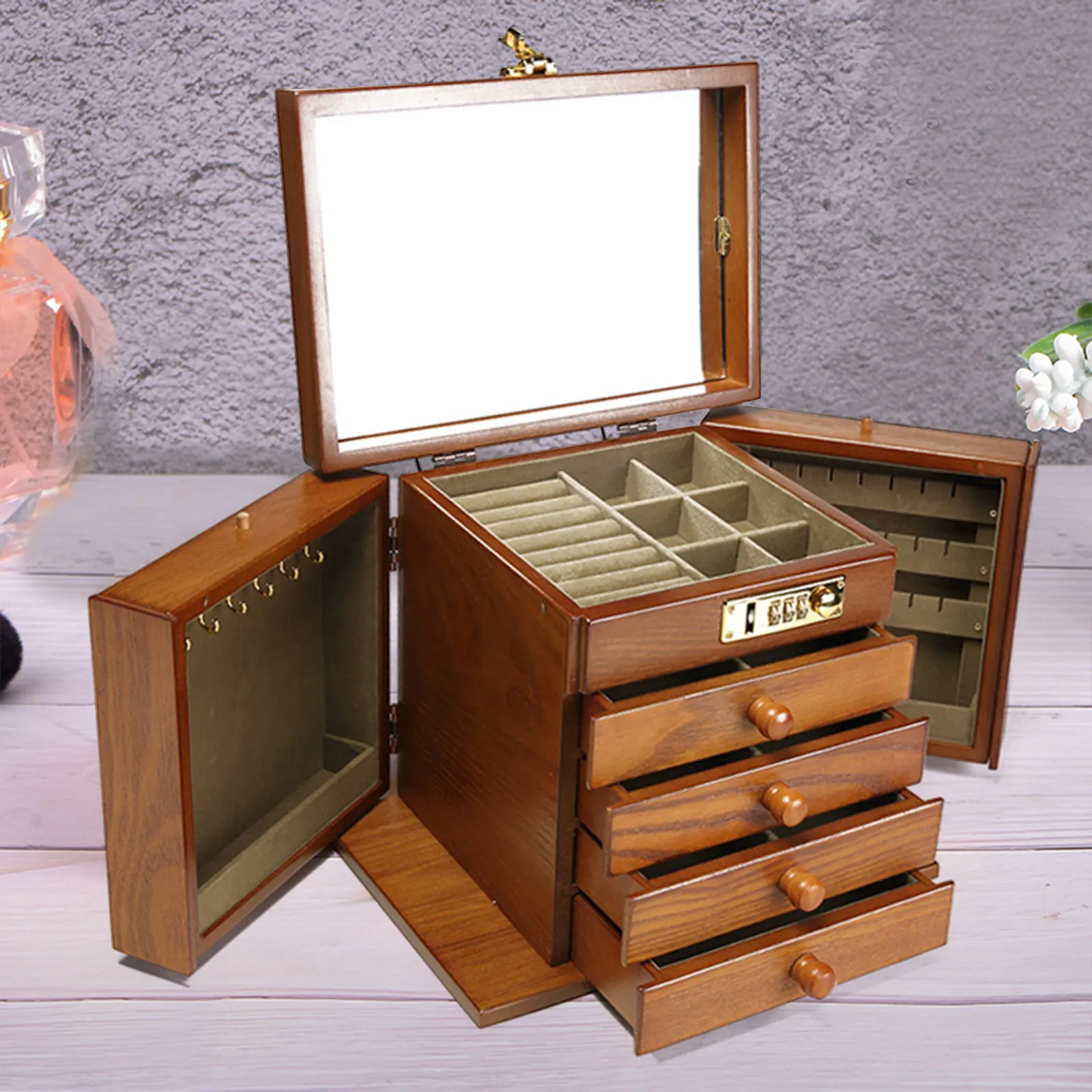 

5 Layers Brown Wooden Jewellery Storage Box Home Decoration with Mirror & Combo Lock for Ring Earring Necklace Bracelet Watch