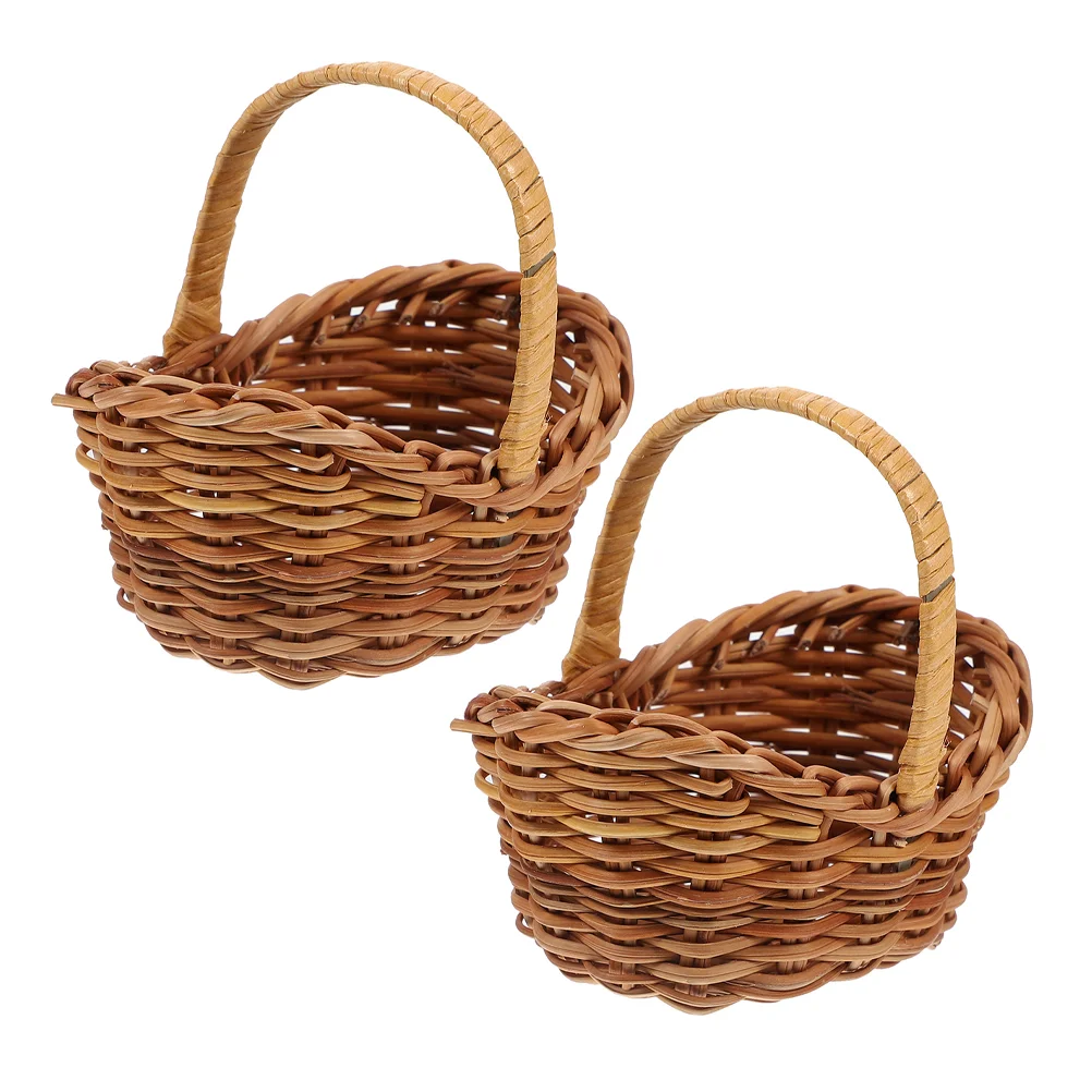 2 Pcs Rattan Flower Basket Tiny Woven With Handles Mini Baskets Miniature Picnic Storage Decors Scarf for Dolls