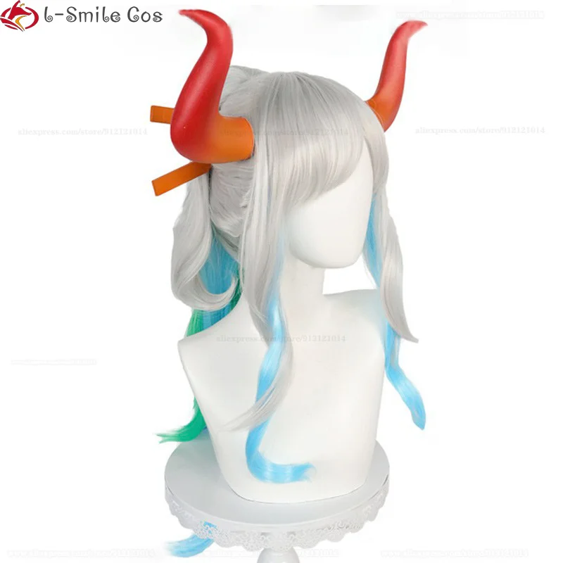 Peluca de Cosplay de Anime Yamato para mujer, cuernos largos, rizos degradados, cabello resistente al calor, accesorios de pelucas de Halloween, gorro de peluca