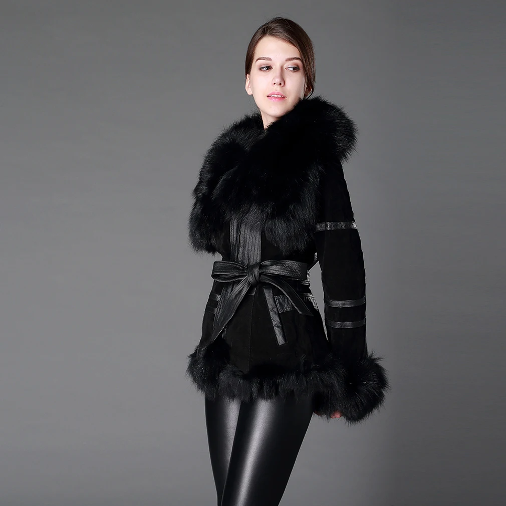 Women Genuine Leather Coat Fox Fur Collar Cuffs and Hem Black Jacket Fur Story FS13055