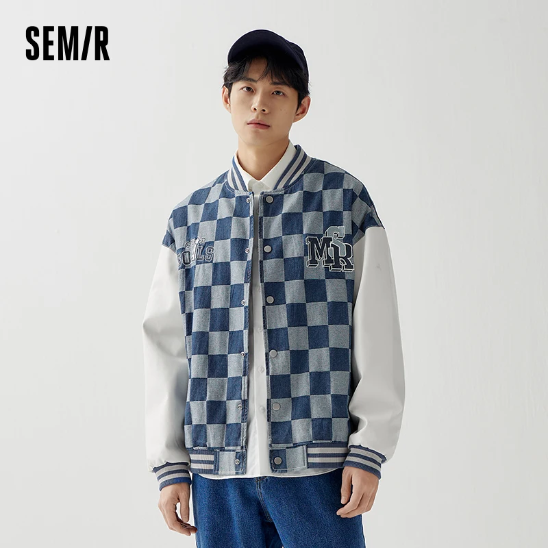 

Semir Men Jacket Autumn Letter Embroidery Trend Plaid Denim Jacket Vitality Loose Splicing Street Style Top