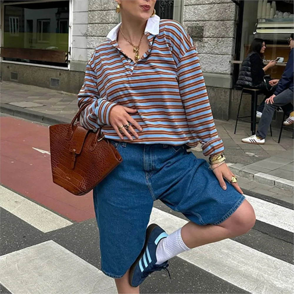 Women's Clothing Long Sleeve Tops Stripe Fashion Contrast Casual Loose Simple Style All-match Commuting Temperament Comfortable 5