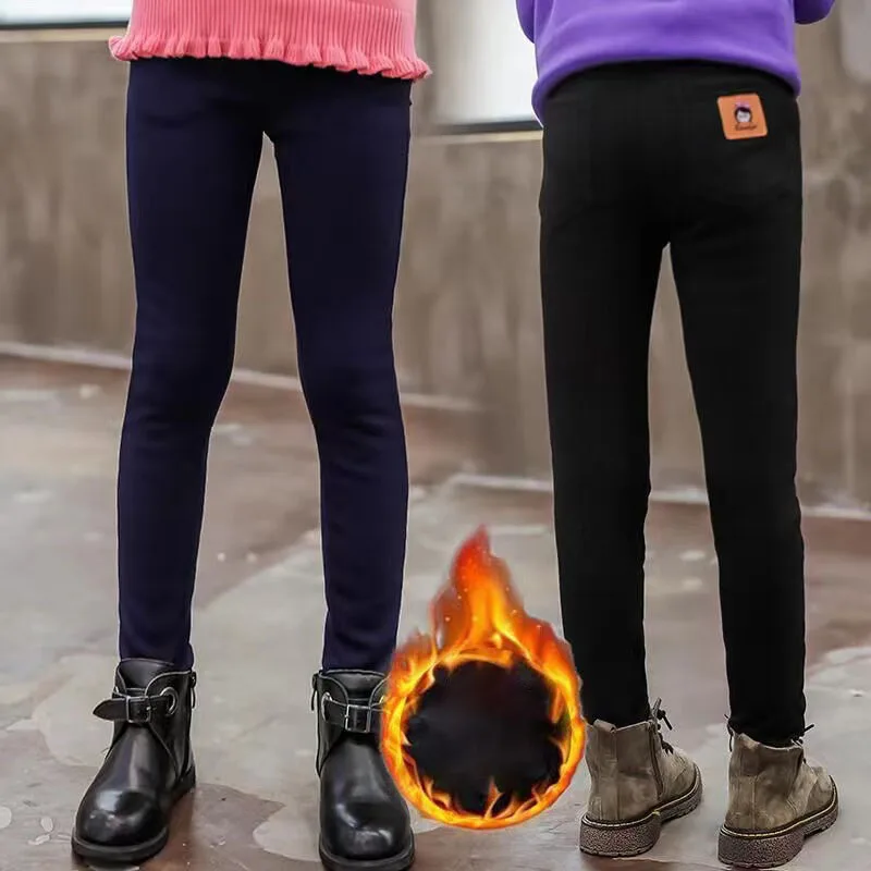 Mode Winter Baby Meisjes Jeans Warme elastische taille broek Kinderen Dikker Jeans Twee kleuren Kinderen Lange broek voor 4-14 jaar