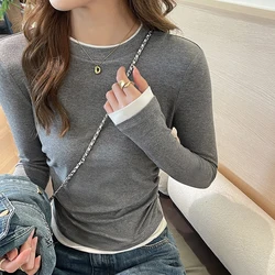 Design Fake Two Piece Bottom Shirt Women Splicing Pleated T-Shirt Retro Long Sleeve Tops Autumn Winter Soft Warm