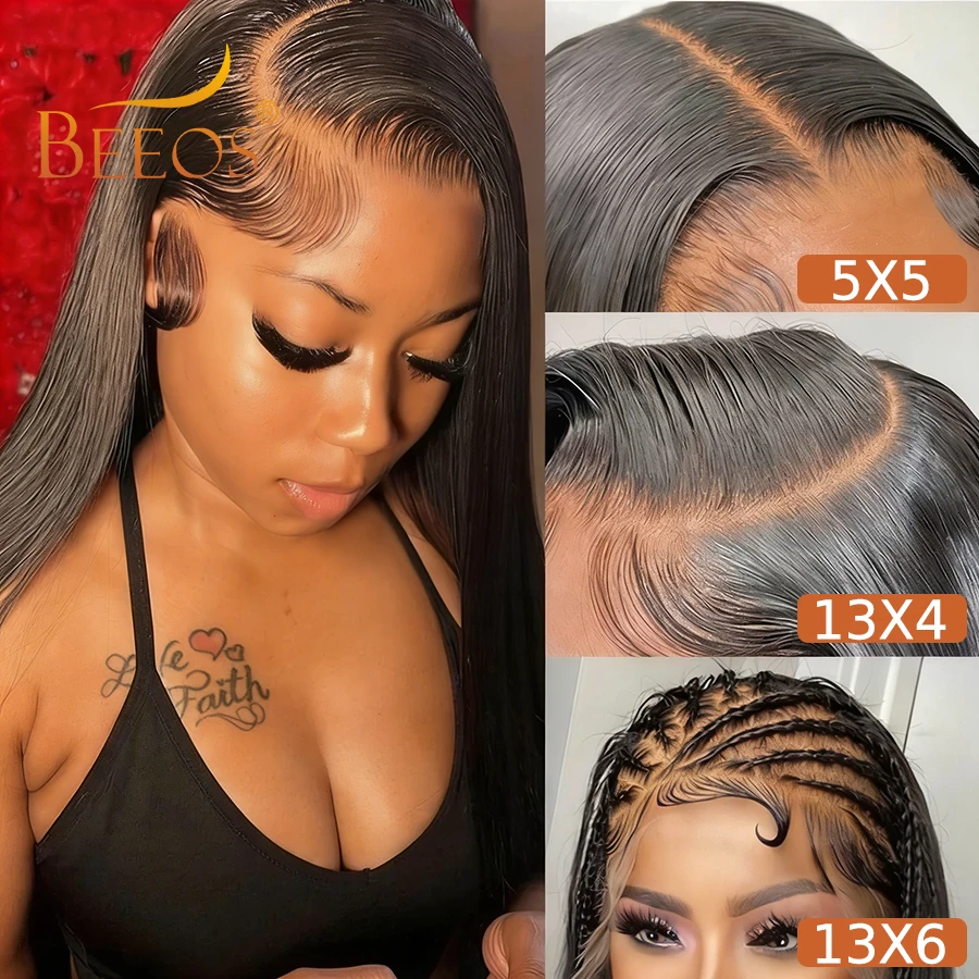 BEEOS 250% Invisible 13*6 HD Lace Full Frontal Human Hair Wigs Straight Pre plucked 5*5 HD Lace Closure Wig For Women Brazilian