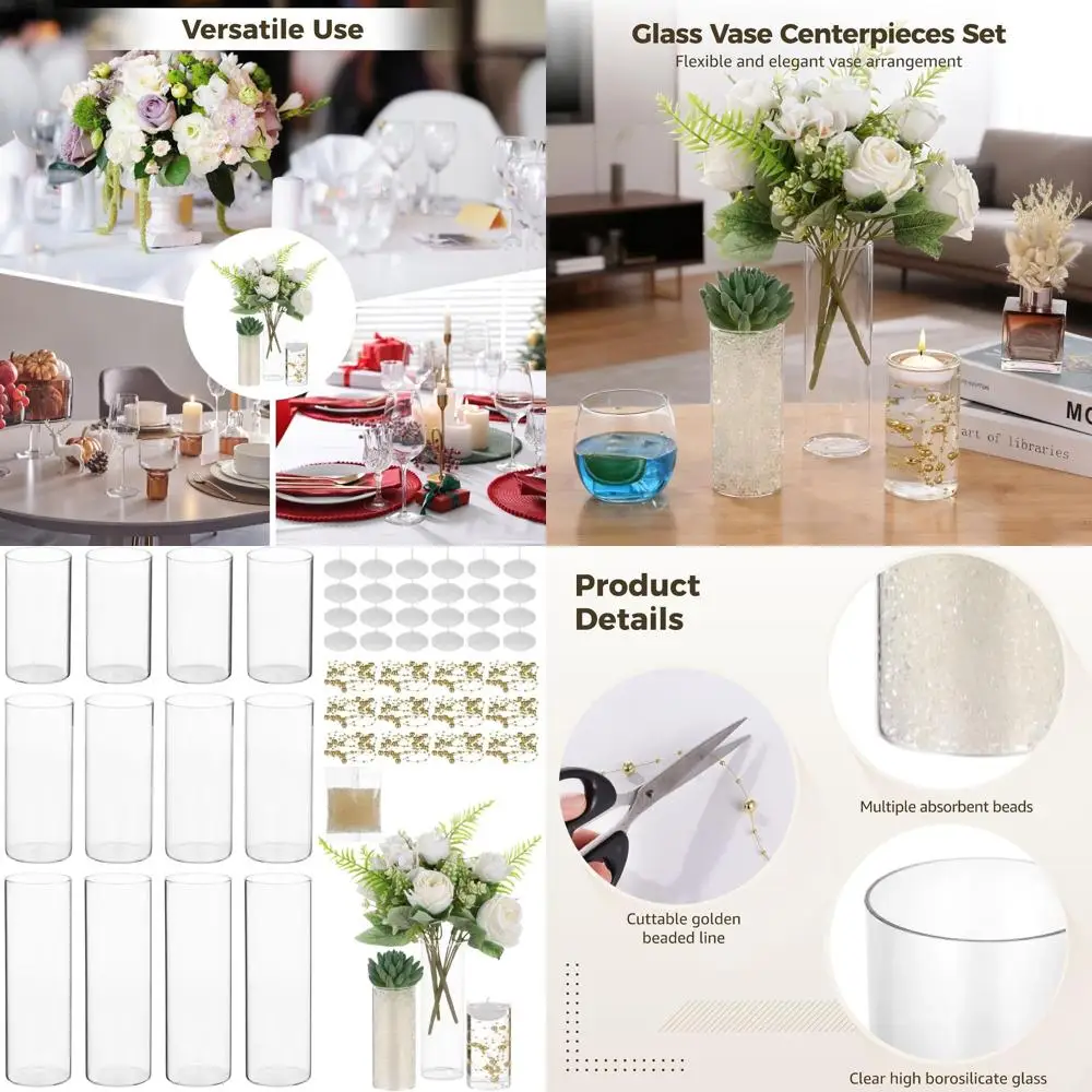 

Набор из 12 плавающих свечей: разнообразные цилиндрические вазы, свечи, бусины и бусинные нити для свадеб, вечеринок, декора