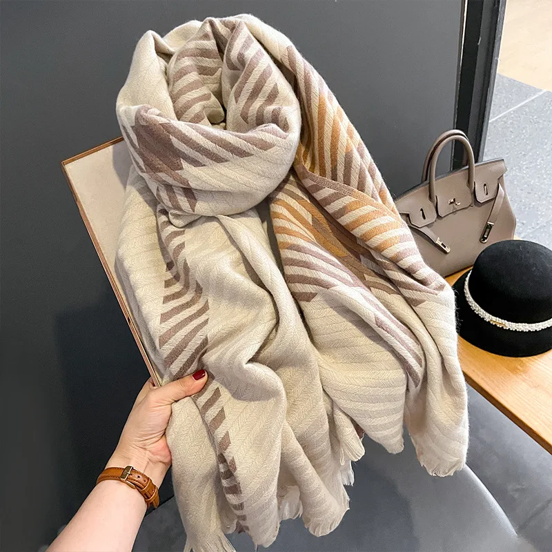 2022 Korean New Checker Long Cashmere Women's Scarf Thickened Double Sided Neck Guard Shawl Cold proof Wrapped with Warm Scarf