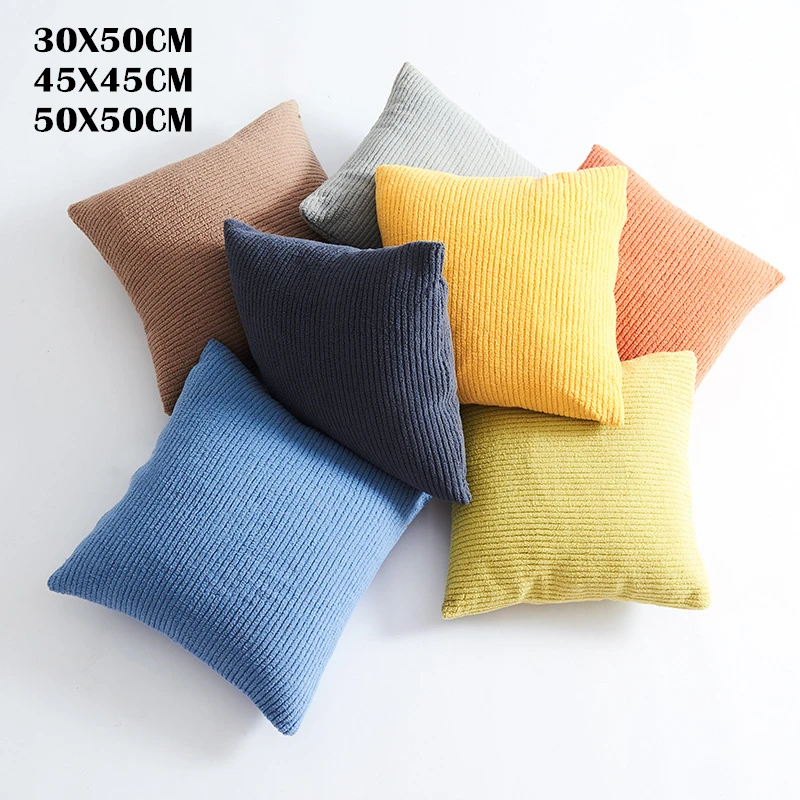 

New 3 Sizes Both Sides Plush Striped Corn Flocked Pillowcase Modern Sofa Square Cushion Covers Lumbar Waist Pillows Decorative