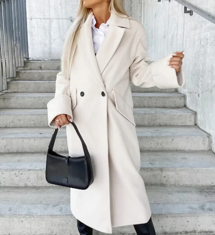 CPSYMYM Damenmantel Herbst Winter Langarm Kerbkragen Zweireiher Feste Beiläufige Lose Lange Wolljacke Mantel