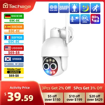 Techage ptz 4k 8mp wifi câmera 8x zoom câmera ip sem fio dupla lente de áudio em dois sentidos cor visão noturna detecção humana onvif