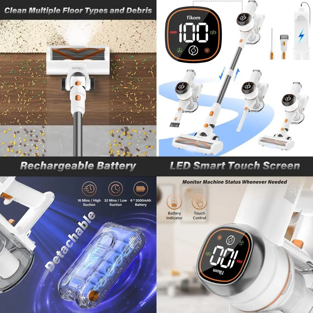 

Беспроводной вертикальный пылесос 45000 Па, 450 Вт с LED-дисплеем, настенной док-станцией, противоскользящим основанием, легкий, для шерсти животных, твердых полов и ковров