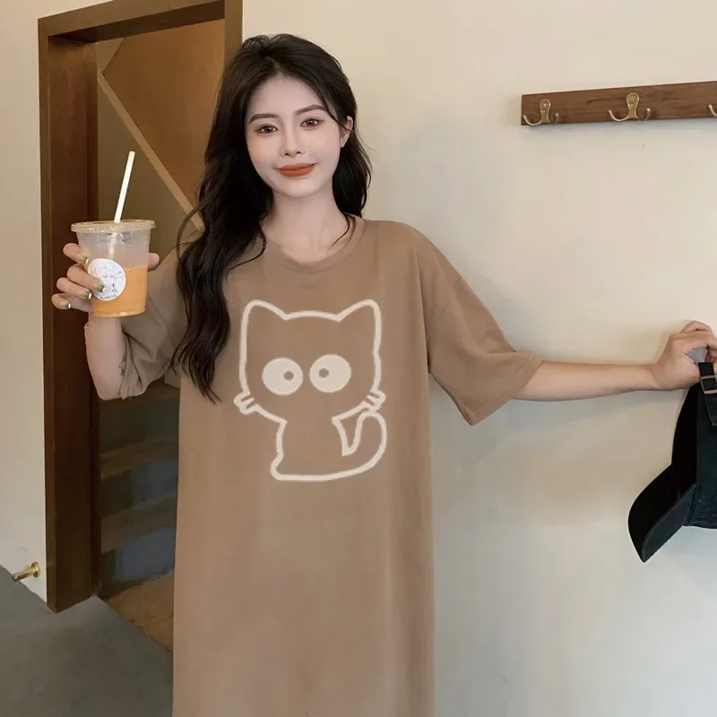 Cartoon cat print short-sleeved women's new summer and autumn loose round neck home dress - Image 3