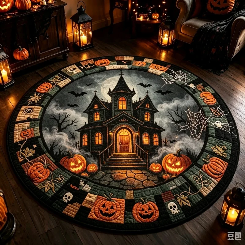 Haunted House Pumpkin Halloween Round Area Rug, Spooky Castle Printed Circular Floor Carpet, Indoor Home Decor