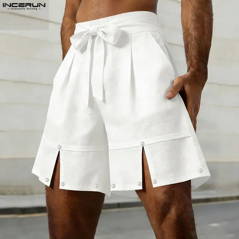 

INCERUN Men's Shorts Solid Color Drawstring Joggers Lace Up Men Bottoms Summer Streetwear Loose Fashion Casual Shorts For Man