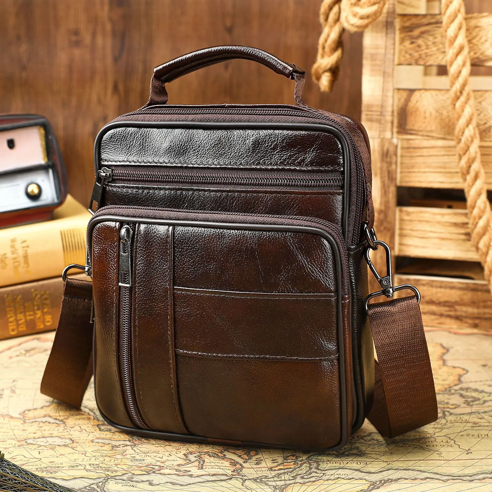 Men Genuine Leather Crossbody Bag With Multiple Zipper Pockets Top Handle Shoulder Cowhide Sling Bag Business Handbag For Daily