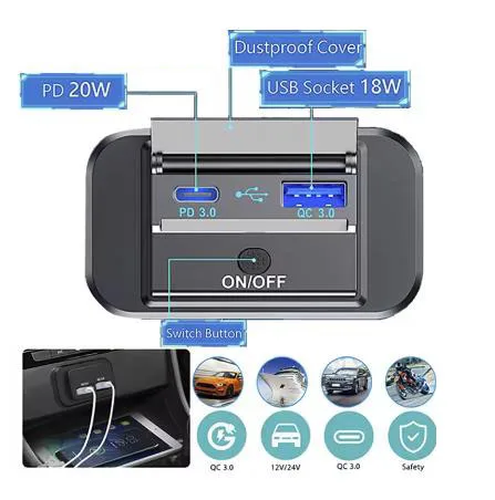

For RV Bus Touring Car Boats 12V/24V In Car USB Charging Socket Motorhome USB Panel Mobile Charger QC3.0+PD3.0 Fast Charging