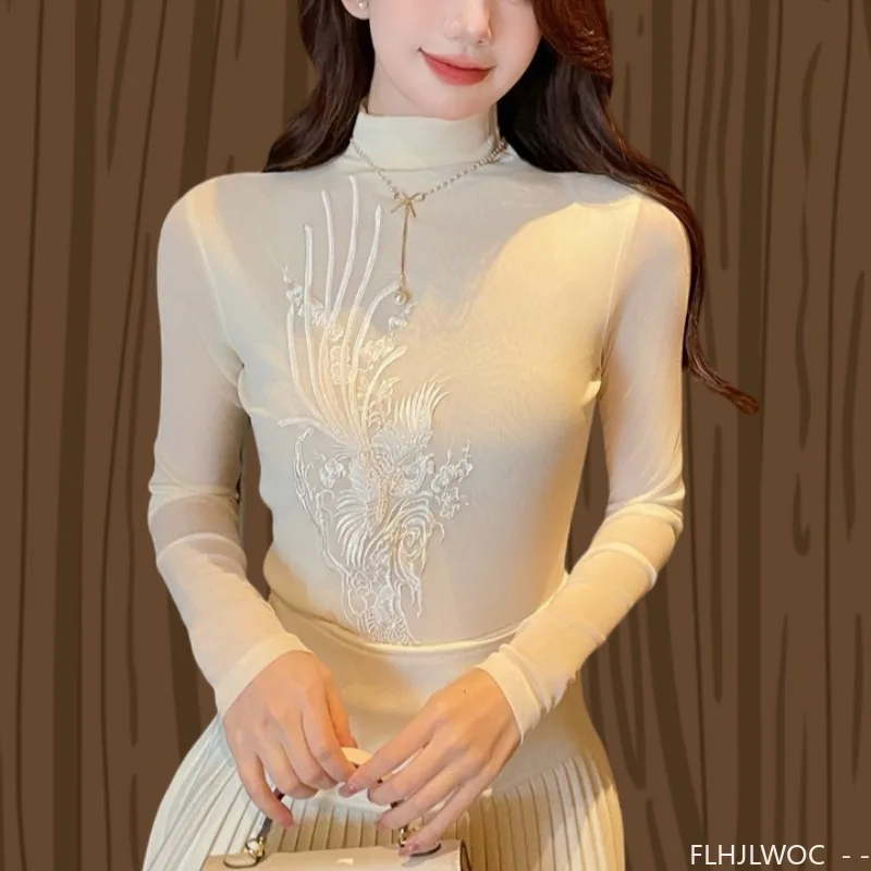 

Turtleneck Tops Blouses New Fashion Woman 2025 Autumn Winter Basics Shirt Long Sleeve Slim Fitted Embroidery Retro Vintage Top