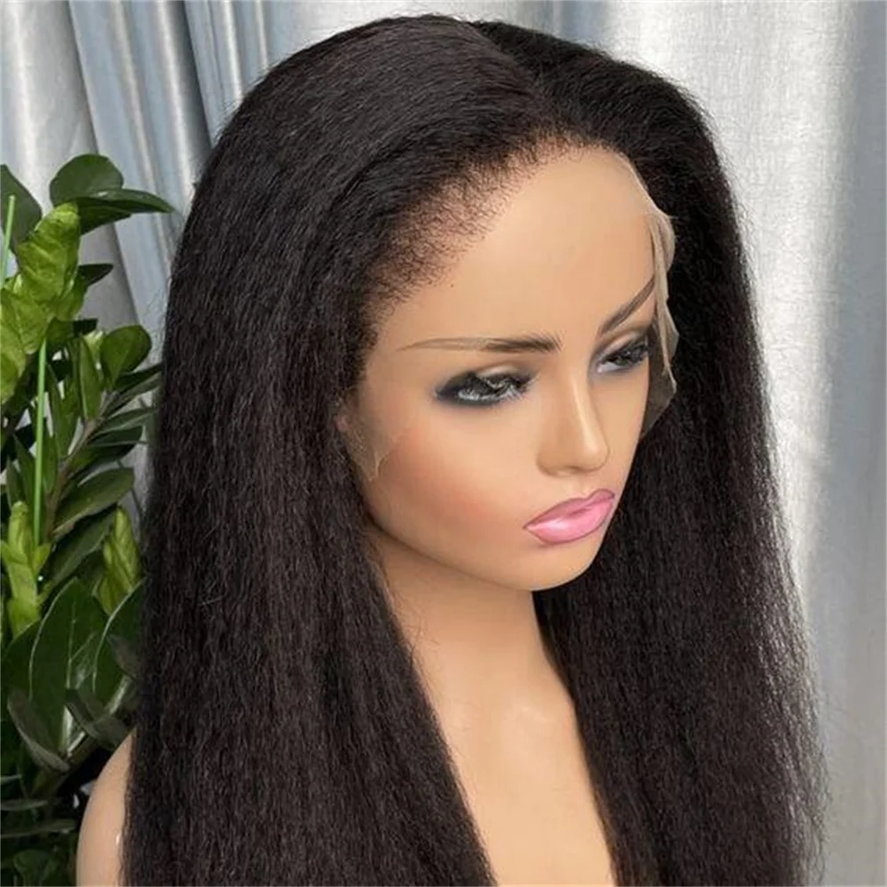 

28Inch Natural Black Yaki Soft Glueless 180Density Kinky Straight Lace Front Wigs For Women BabyHair Preplucked Daily Wig