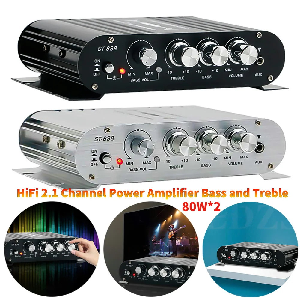 

ST-838 HiFi 2.1-канальный усилитель мощности с регулировкой басов и высоких частот, 80 Вт*2, усилитель для сабвуфера, мини-медиаплеер, автомобильный/домашний усилитель