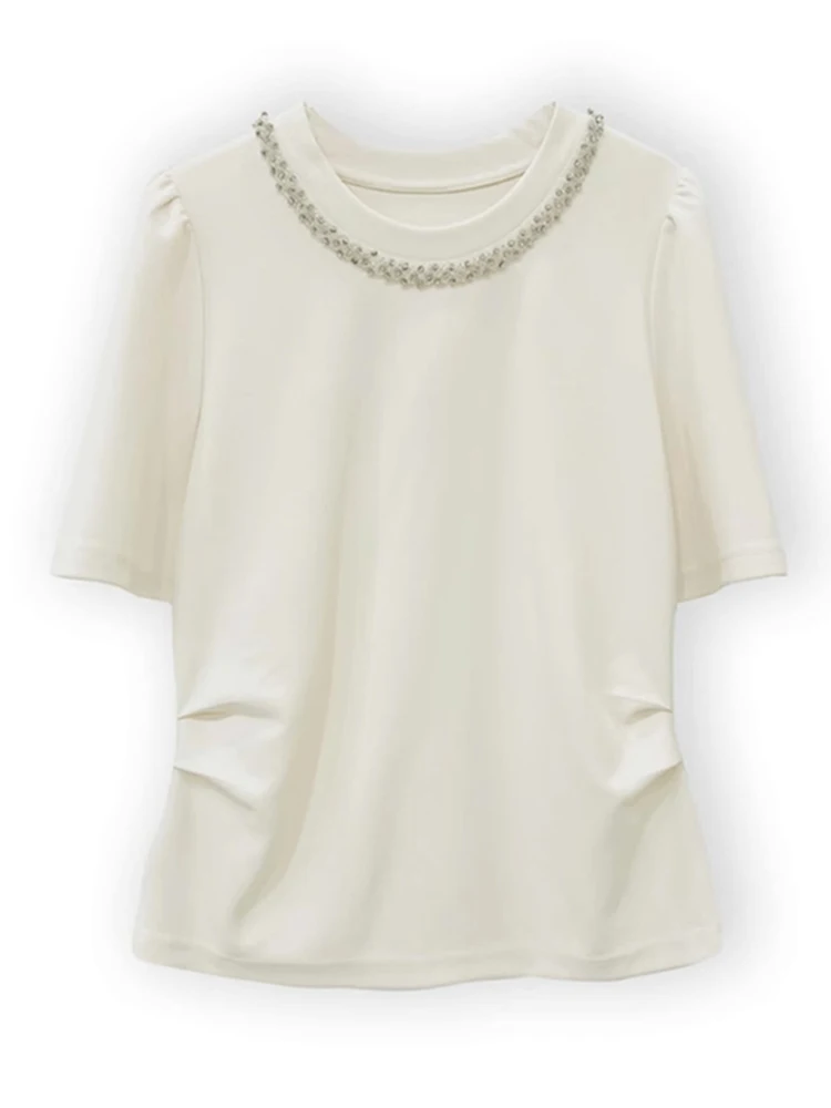 Camiseta holgada con adornos de diamantes redondos Ne ort Sve adelgazante Faionable coreano Sle viaje viento novedad de verano llegada