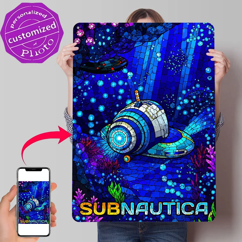 Subnautica Stained Glass Art 3D Texture Metal Poster Customized Wall Art Tin Sign Gift for Mancave Funny Signs Office Decor Room