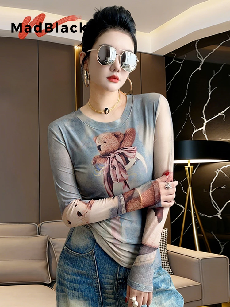 MadBlack-Women European T-Shirt, Sexy O Neck Cartoonl Print, Clubwear Long Sleeve Slim Thin S-3XL Mesh Tee, 2026 Summer T64303CC