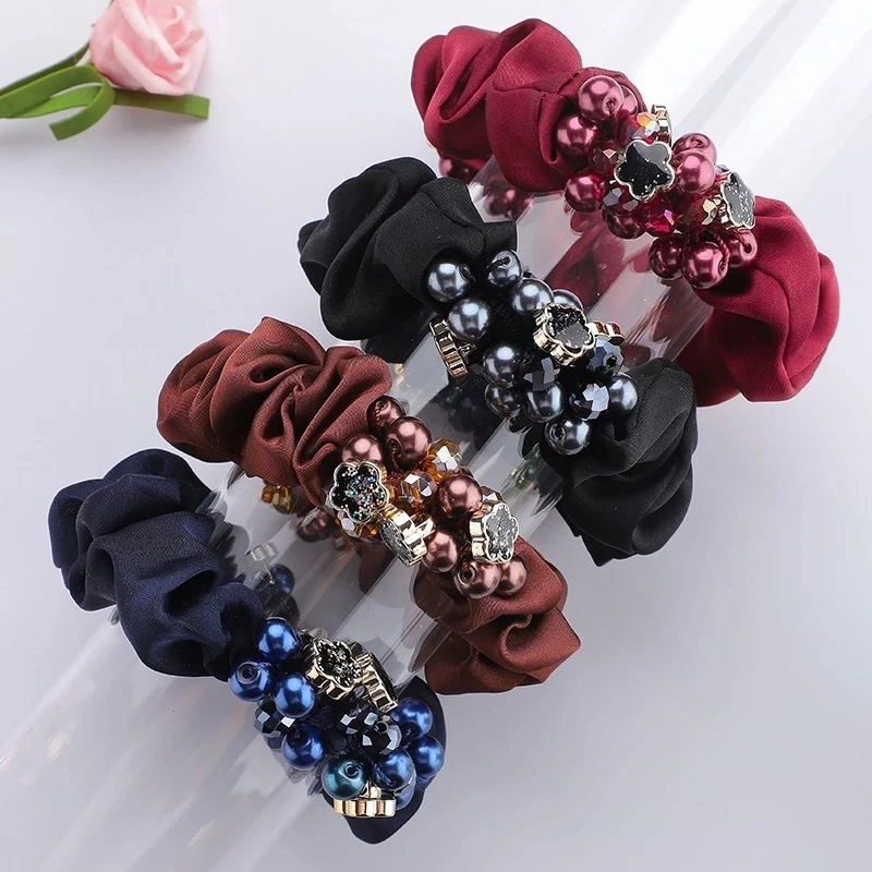 Hand Woven Elegant Ladies Pearl Flower Hair Tie Women Crystal Fabric Hair Rope Adult Ponytail Holder Hair Accessories