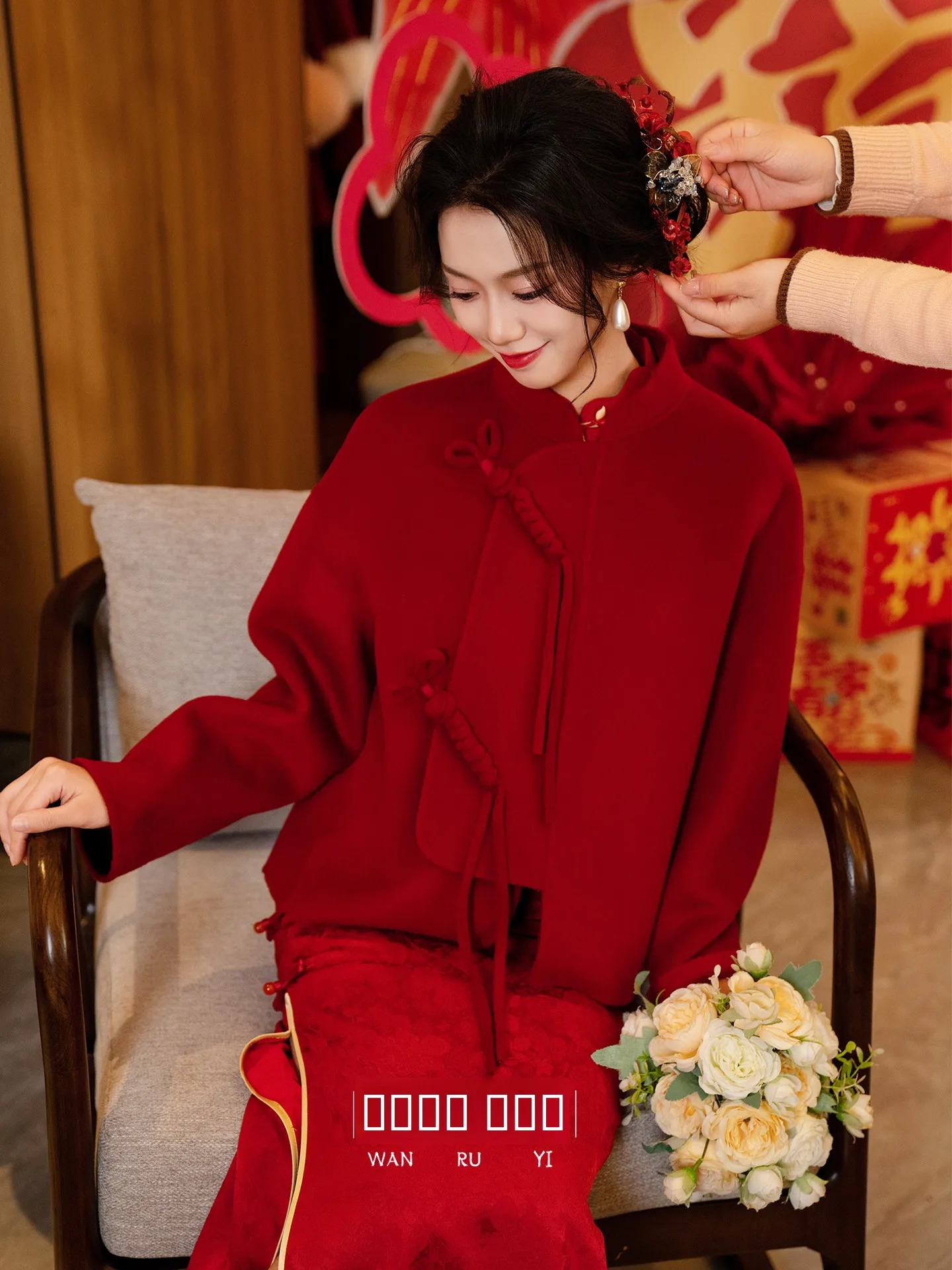

Red Chinese Sle Woolen ort Coat for Women Wedding Engagement Par Wear Thiened Winter Outerwear Ele Tailored