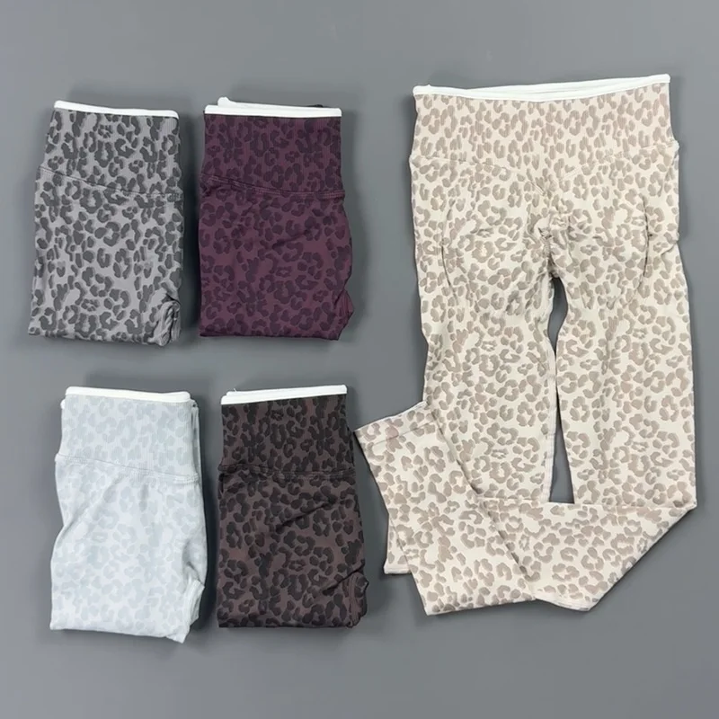 Leopard Print Leggings Women Seamless Ribbed Yoga Pants Breathable Tummy Control Workout Gym Running Fitness Sport Long Trousers