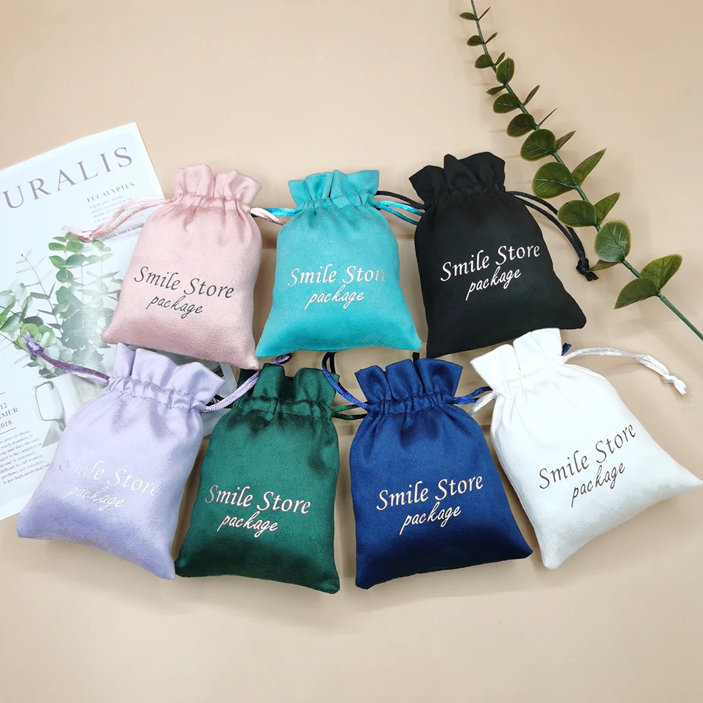 100pcs Custom Logo Gift Bag Soft Flannel Jewelry Drawstring Pouch Jewelry Packaging Bag Small Velvet Pouch For Wedding Party