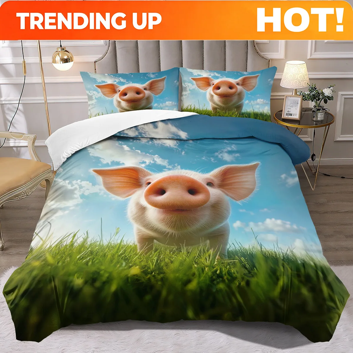 Customize Little Pig-Themed Duvet Cover Set - 2/3pcs, Soft, Comfortable, And Breathable, Featuring a Grassland Print Bedding Set