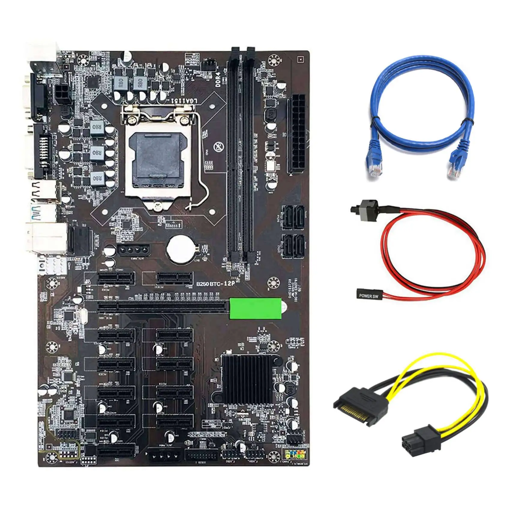 

B250 BTC Mining Motherboard with SATA 15Pin to 6Pin Cable+RJ45 Cable+Switch Cable 12XGraphics Card Slot LGA 1151 for BTC