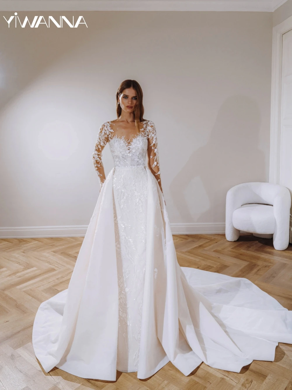 

Detachable Train Mermaid Wedding Dress Modest Long Sleeve Bride Robe Exquisite Sequin Bead Bridal Gown Customized Robe De Mariée