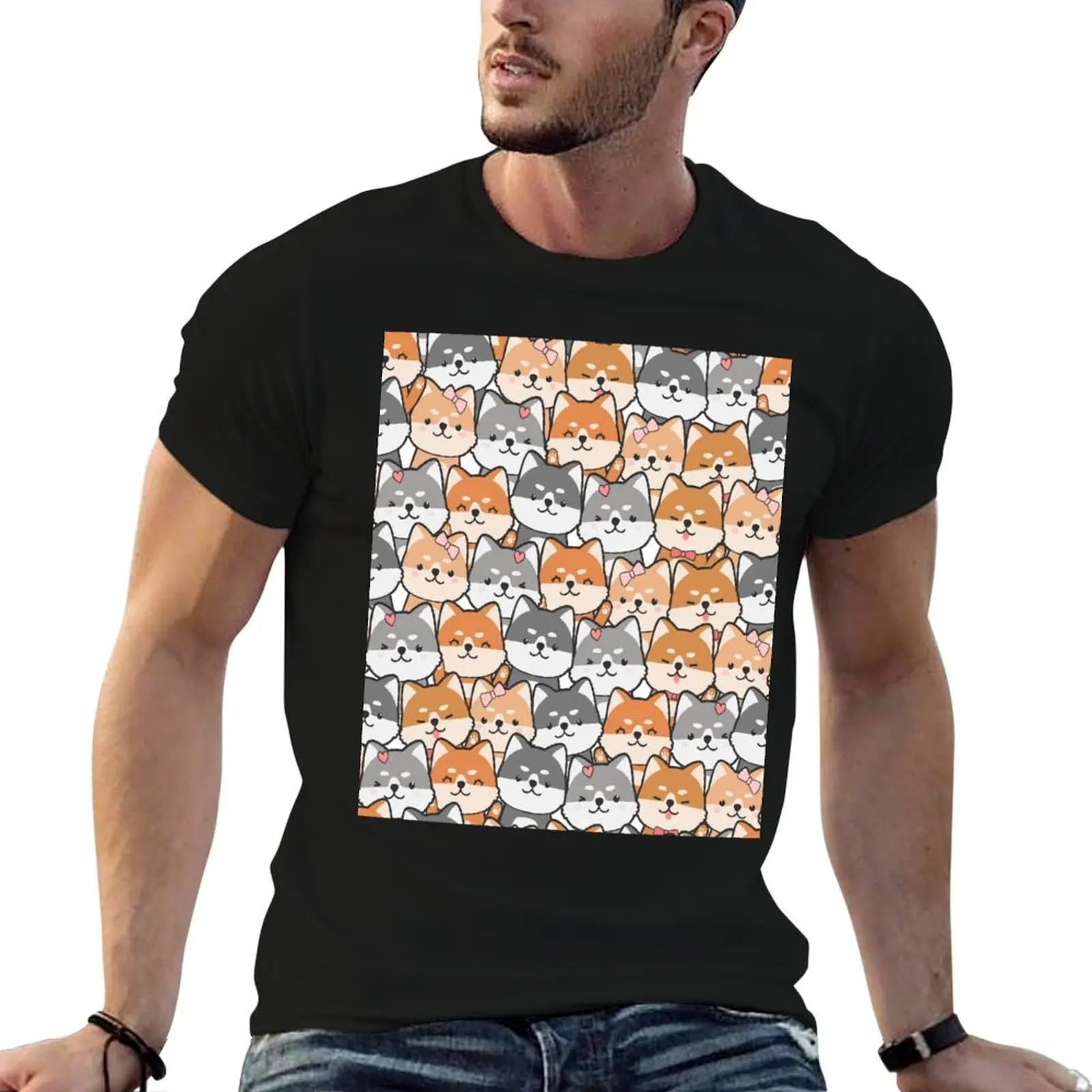 Cute Shiba Inu Dog Cartoon Doodle Seamless Pattern T-Shirt summer 2026 topping mens workout shirts