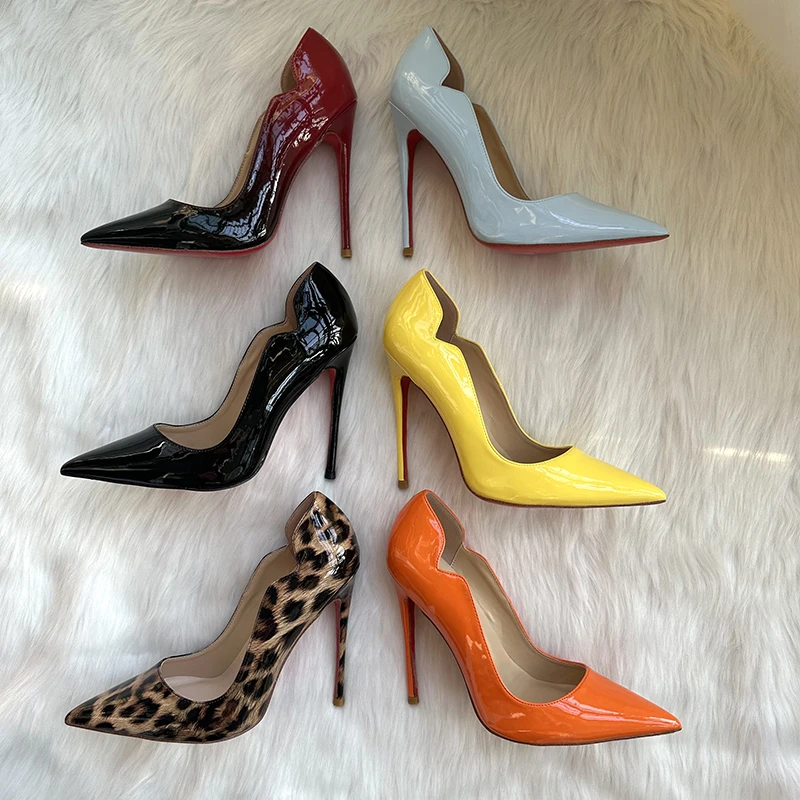 TOMONYE Leopard Print Multicolor Patent Leather Wave Cutout High Heels Pointed Toe Elegant Office Party Shoes 12CM Size 33-46