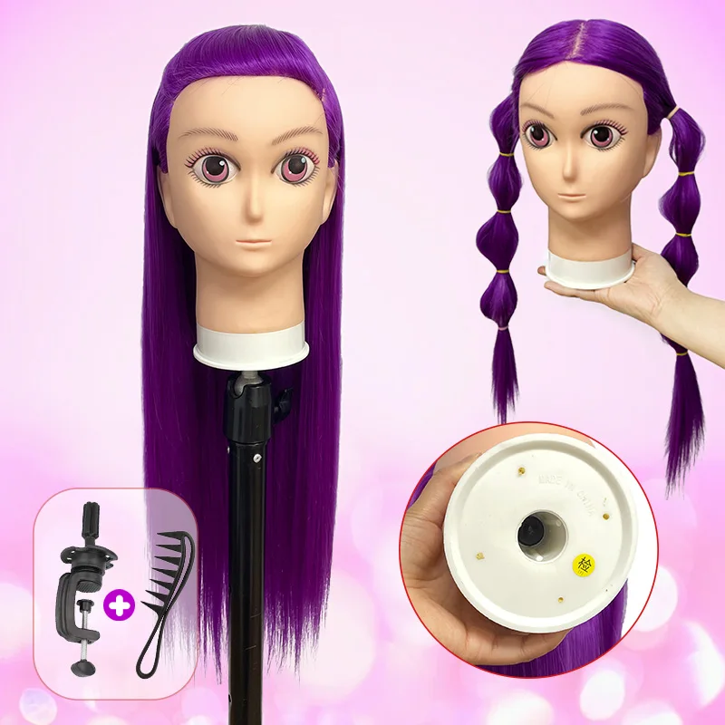 

100% Synthetic Fiber Purple Straight Hair Mannequin Doll Head for Practice Braiding Styling Training Head Hair with Mount Hole