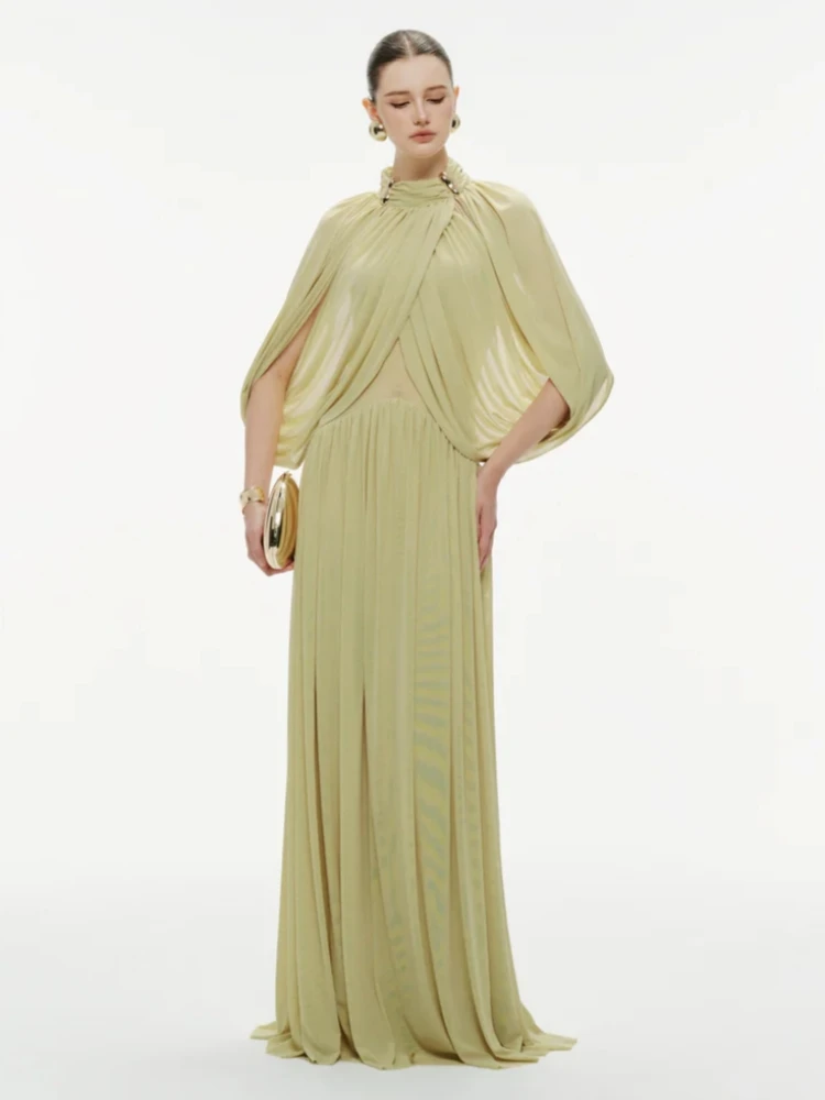 

Sexy O Neck Metal Pin Design Folds Long Dress Women Green Ruched Slim Dresses Elegant Evening Party Cocktail Gowns